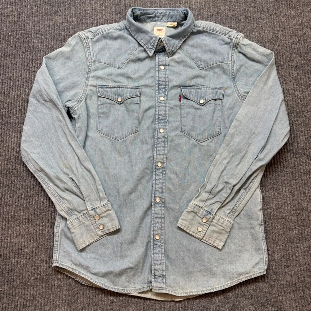 Levis Western Pearl Snap Shirt Mens M Standard Fit Light Wash Blue Denim
